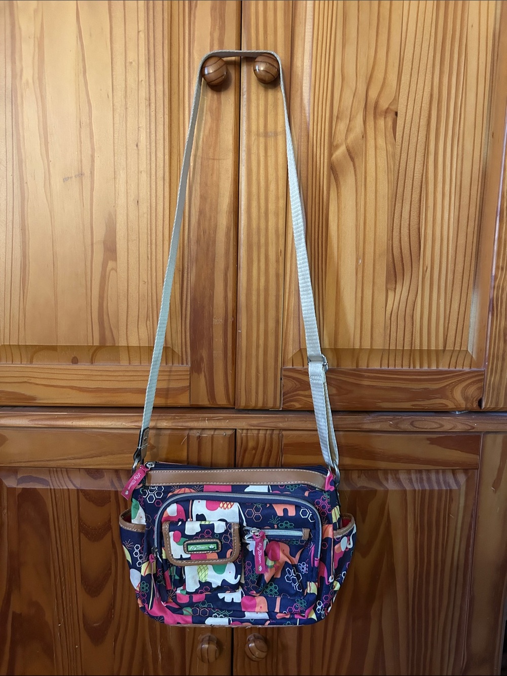 Colorful Elephant Print Crossbody Bag - Navy Pink